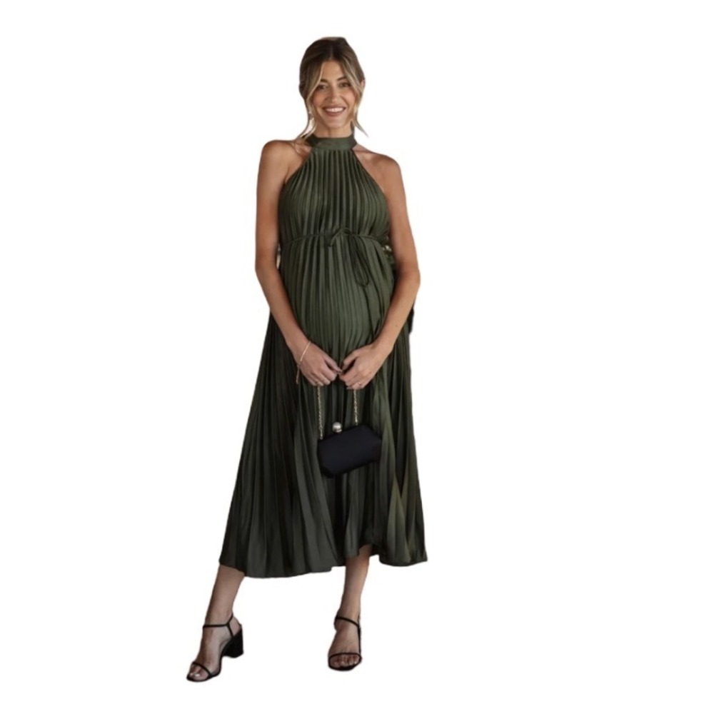 Princess Polly Roosevelt Maternity Pleated Halter Midi Dress Forest Green M